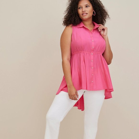 Torrid Babydoll Poplin Button-Front Hi-Low Shirt Sleeveless Pink - Picture 1 of 12
